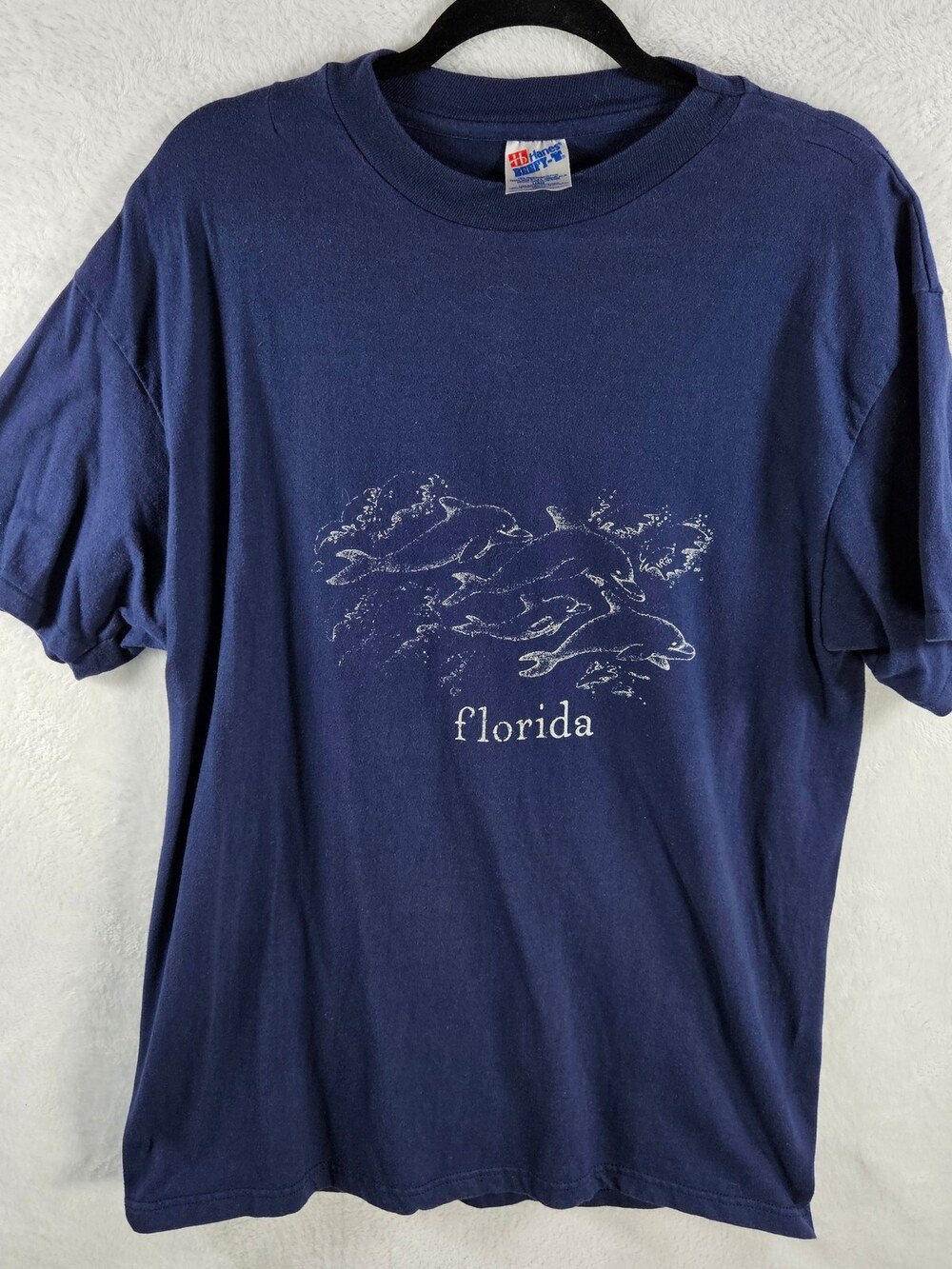 Hanes Beefy-T Florida Dolphins Graphic T-Shirt Navy Blue Size Large *Fits As Med